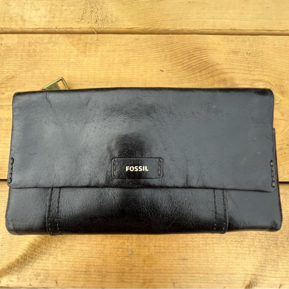 Fossil Black Leather 3 Section Flap Trifold Organizer Wallet